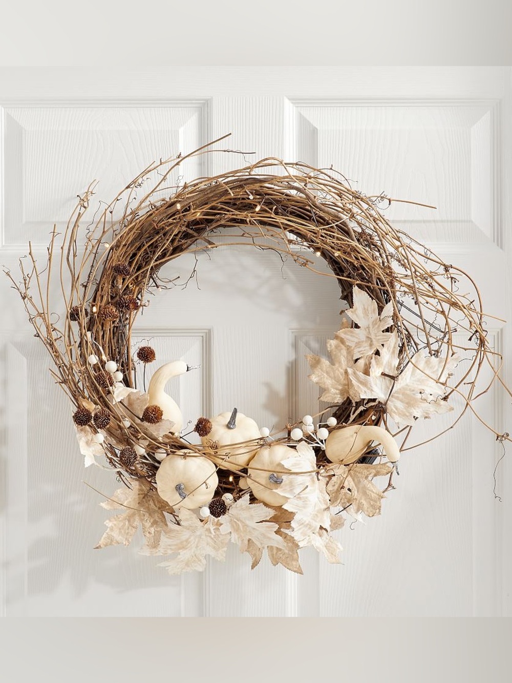 Pottery Barn 24” Lit Harvest Pumpkin Wreath  White cream harvest Fall door decor